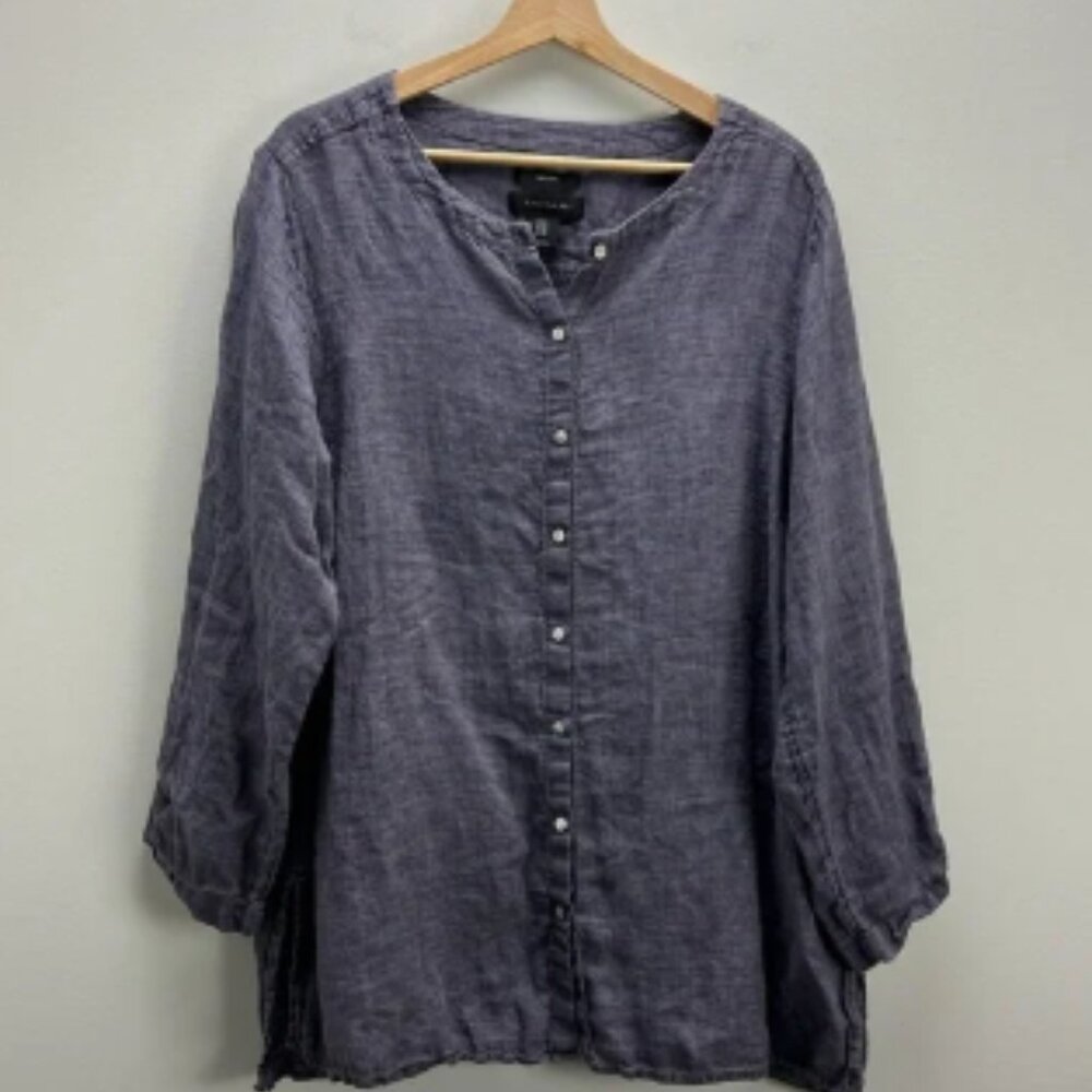 Tahari Linen Tunic Top Chambray Blue Womens Size 1X Lagenlook Minimalist Coastal